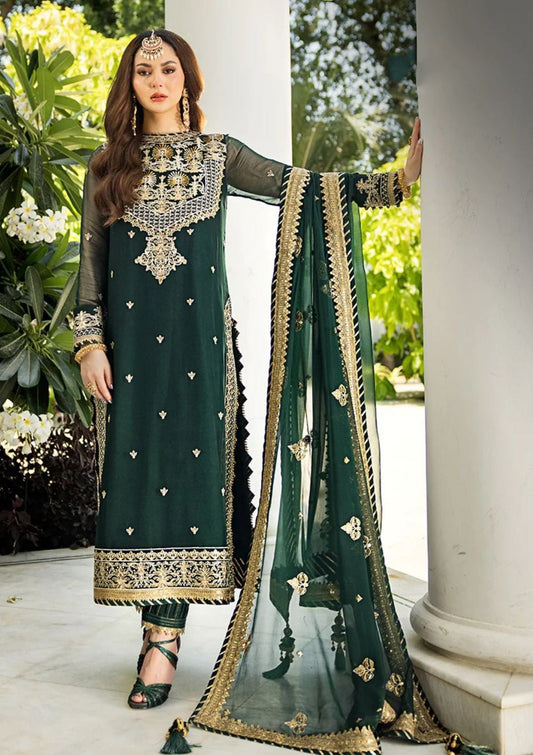 Heavy Embroidered Green Chiffon Wedding Dress - Party Wear