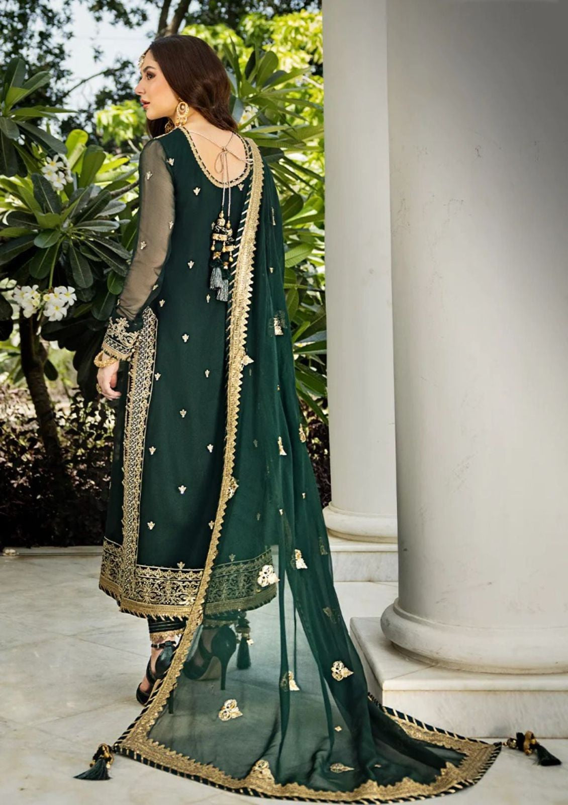 Heavy Embroidered Green Chiffon Wedding Dress - Party Wear