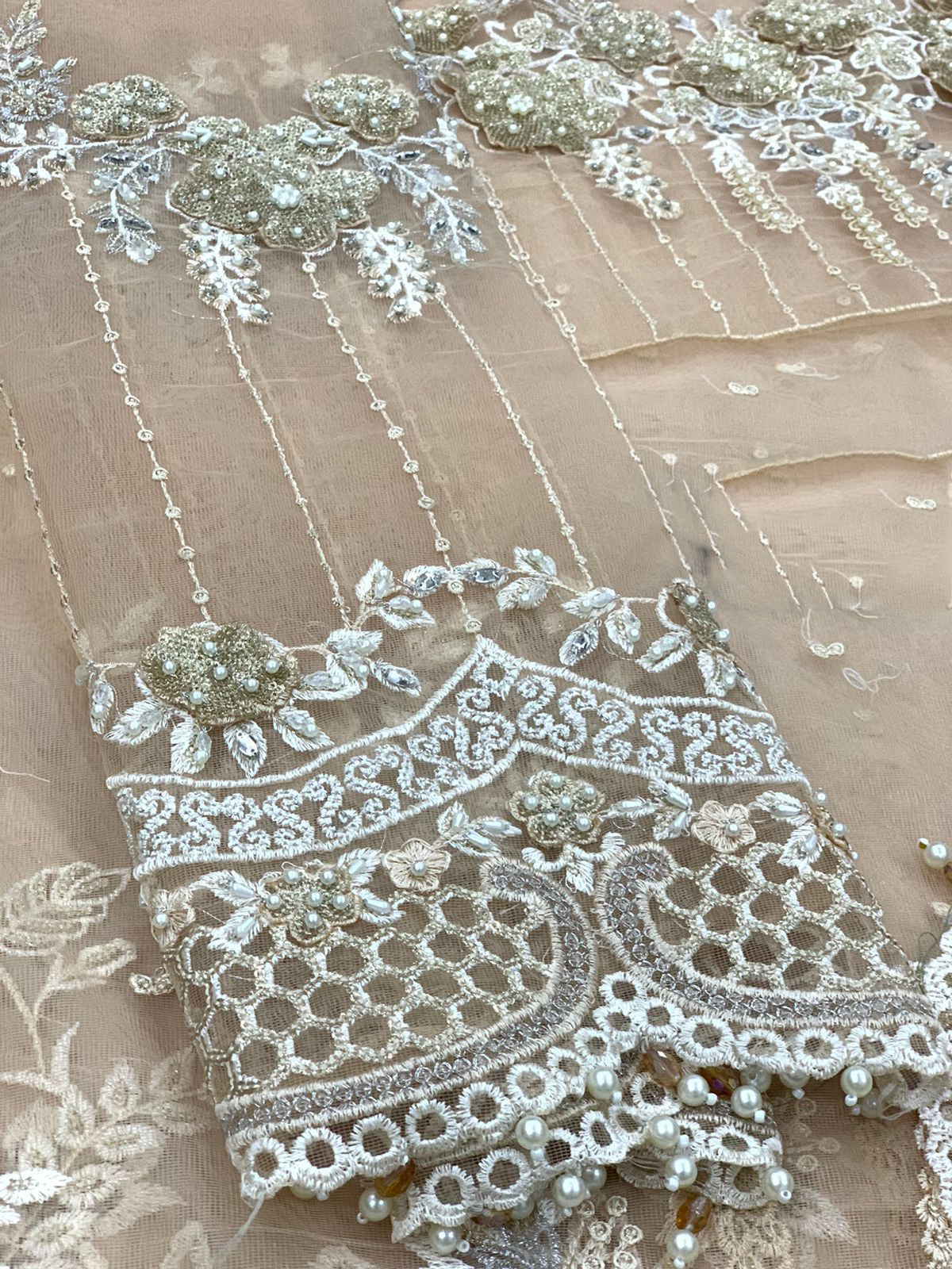 Luxury Unstitched Net Embroidered Saree Skin Beige -BD-2801- Party Wear