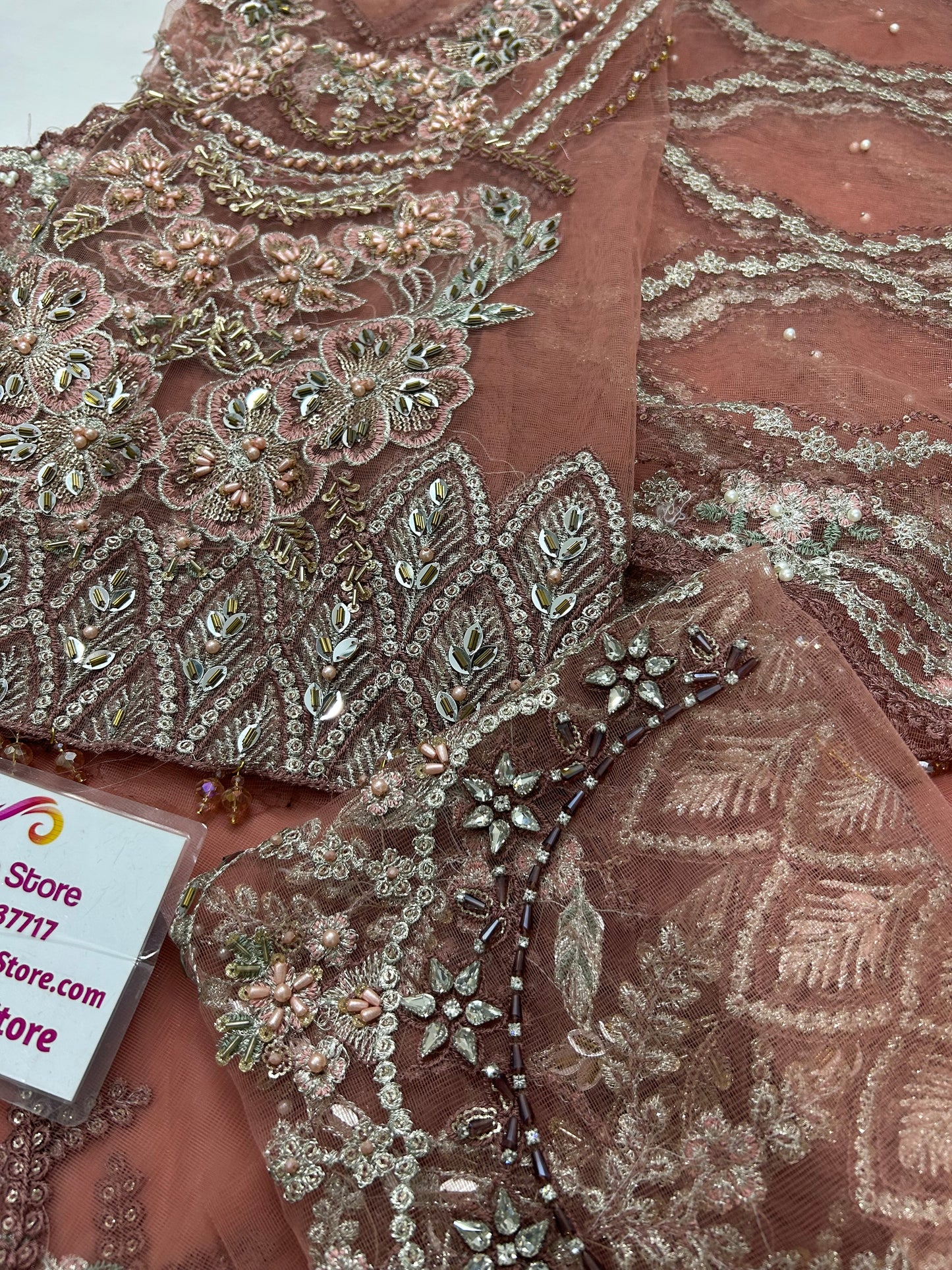 Luxury Net Embroidered Unstitched Saree Dusty Rose -Party Wear