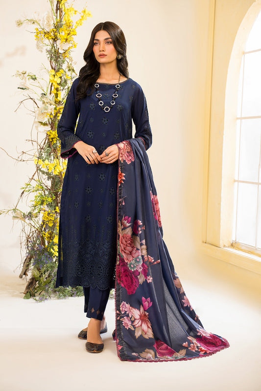 Chicken Kari Embroidered Lawn Dress 3 piece Unstitched Dress with Silk Dupatta- IZ Blue - Summer Collection