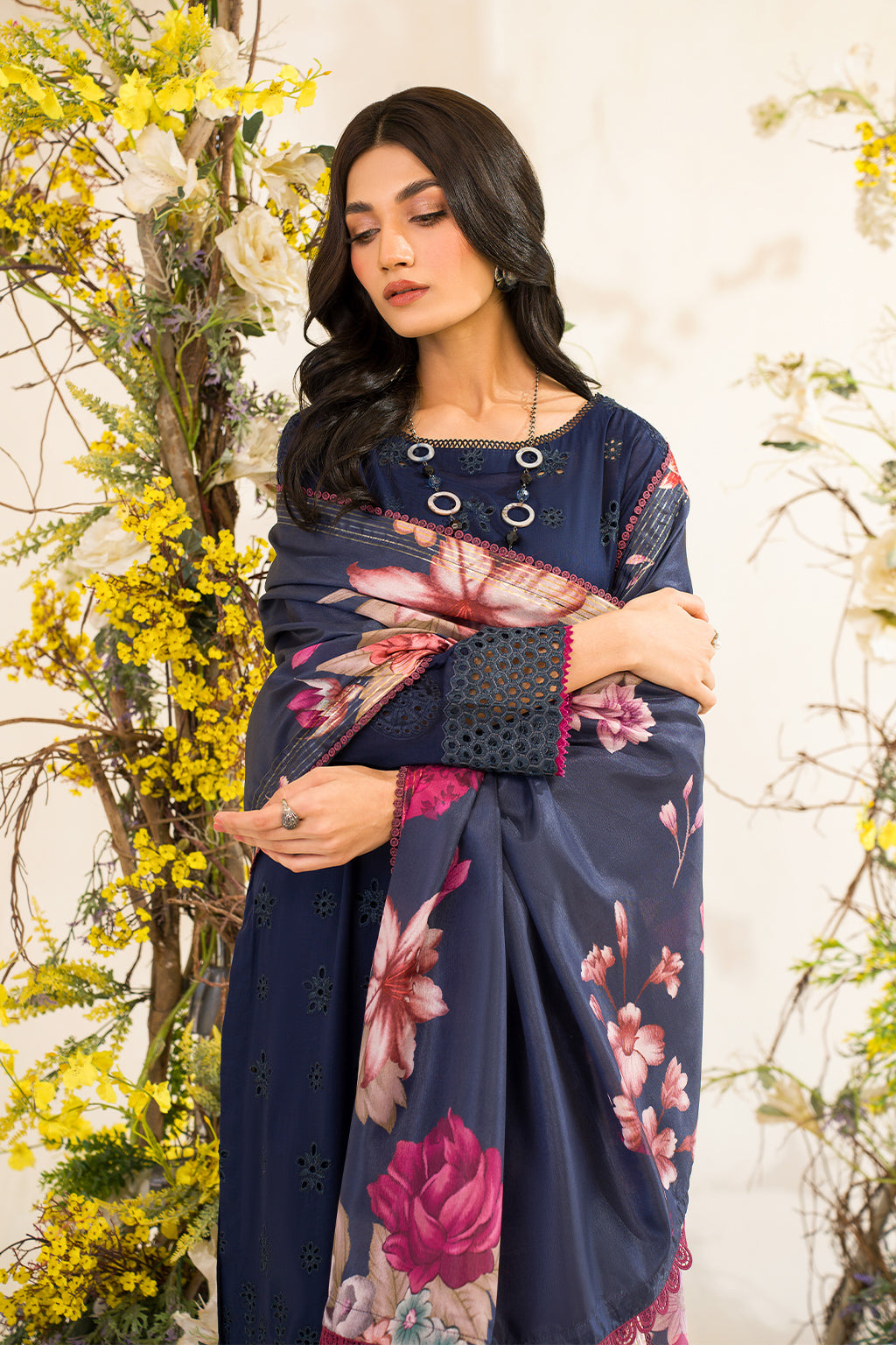 Chicken Kari Embroidered Lawn Dress 3 piece Unstitched Dress with Silk Dupatta- IZ Blue - Summer Collection