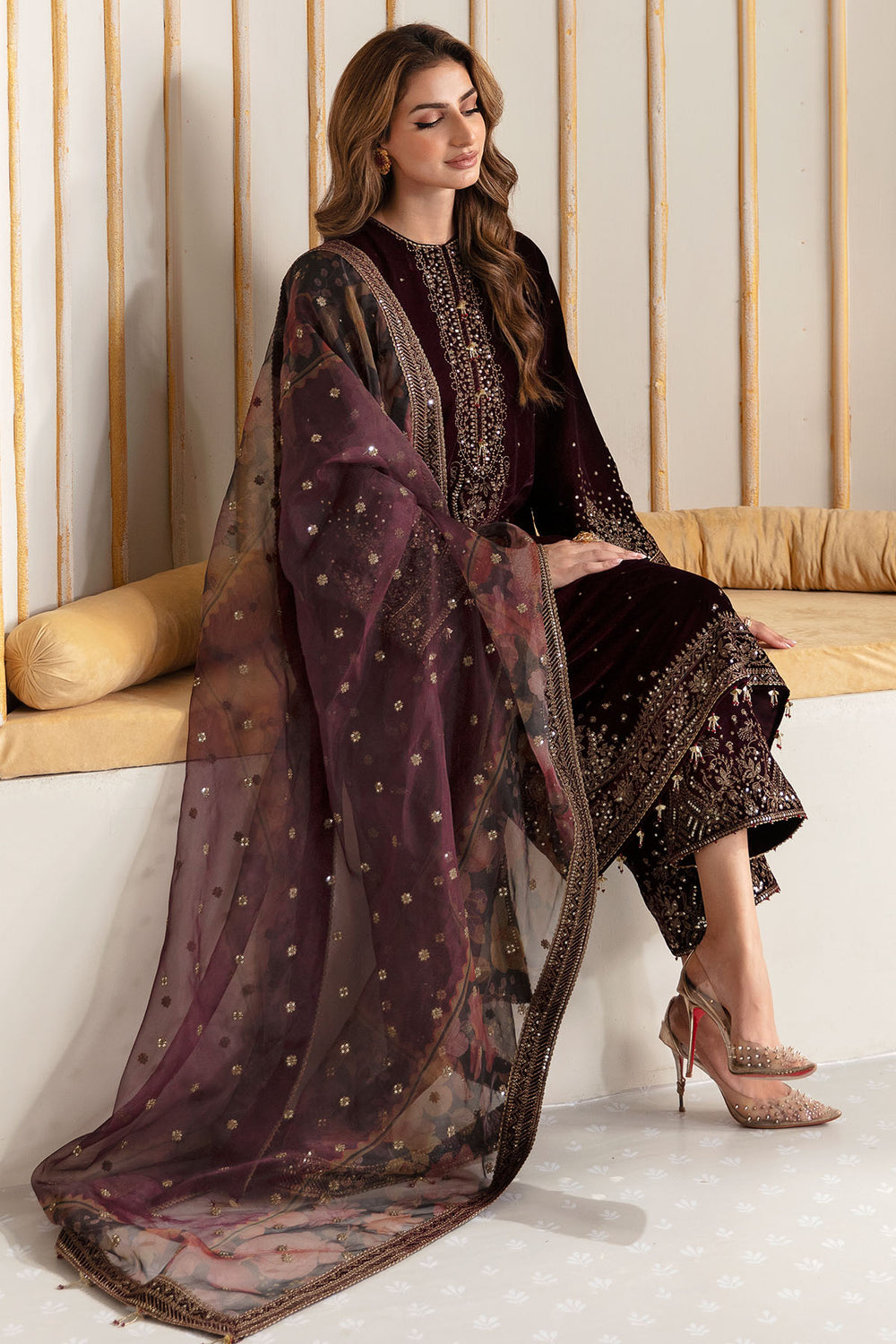 Mehroon Velvet Unstitched  Embroidered Dress- Party Wear