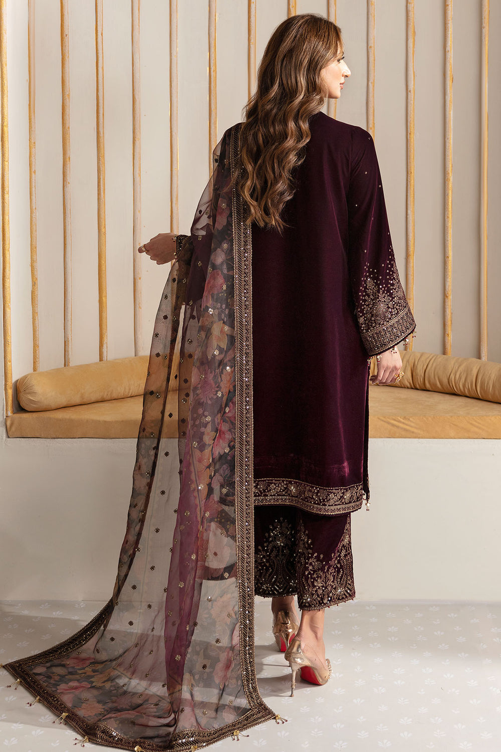 Mehroon Velvet Unstitched  Embroidered Dress- Party Wear