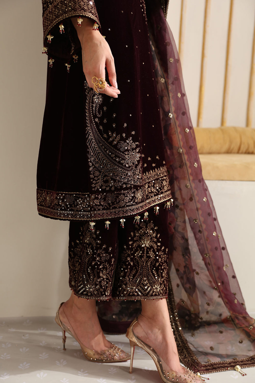 Mehroon Velvet Unstitched  Embroidered Dress- Party Wear