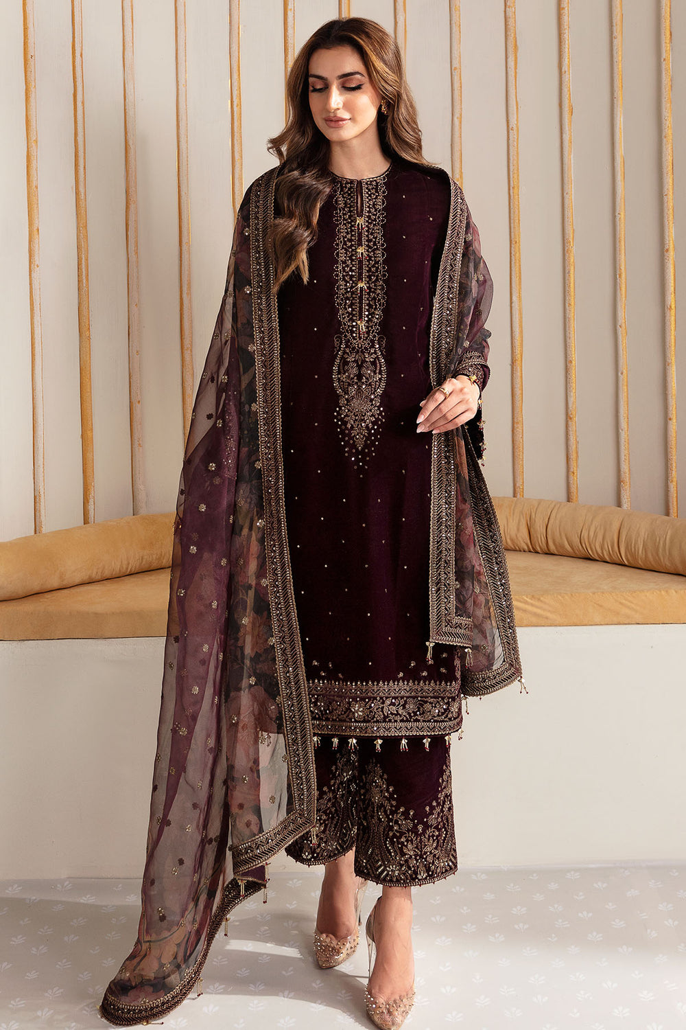 Mehroon Velvet Unstitched  Embroidered Dress- Party Wear