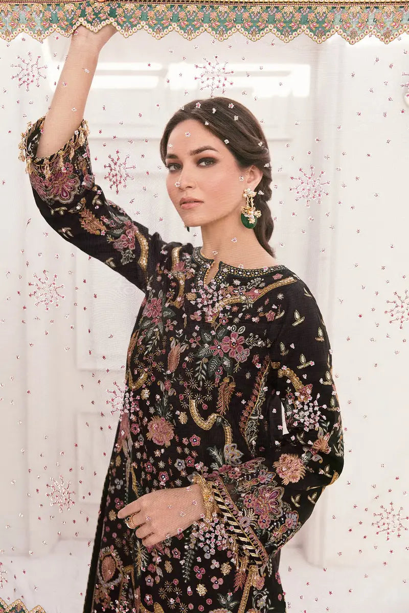 Luxury Net Embroidered 3 piece Unstitched Dress MB -Black - Party Wear