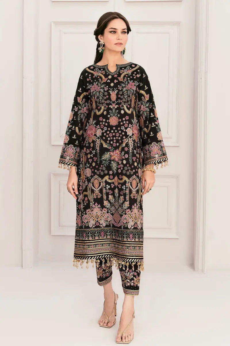 Luxury Net Embroidered 3 piece Unstitched Dress MB -Black - Party Wear