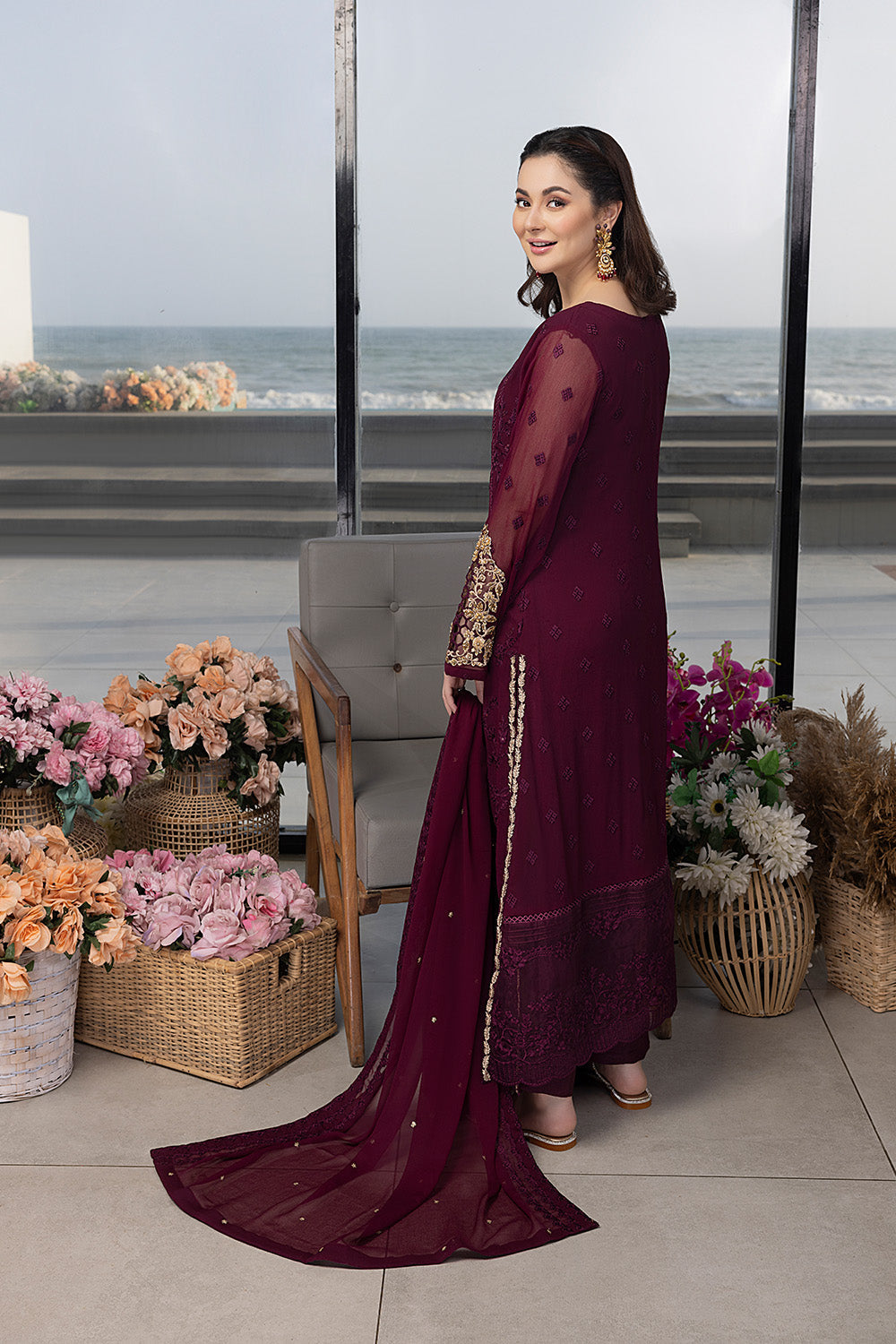 Chiffon Heavy Embroidered Unstitched 3 Piece Suit -Carnelian-Party Wear