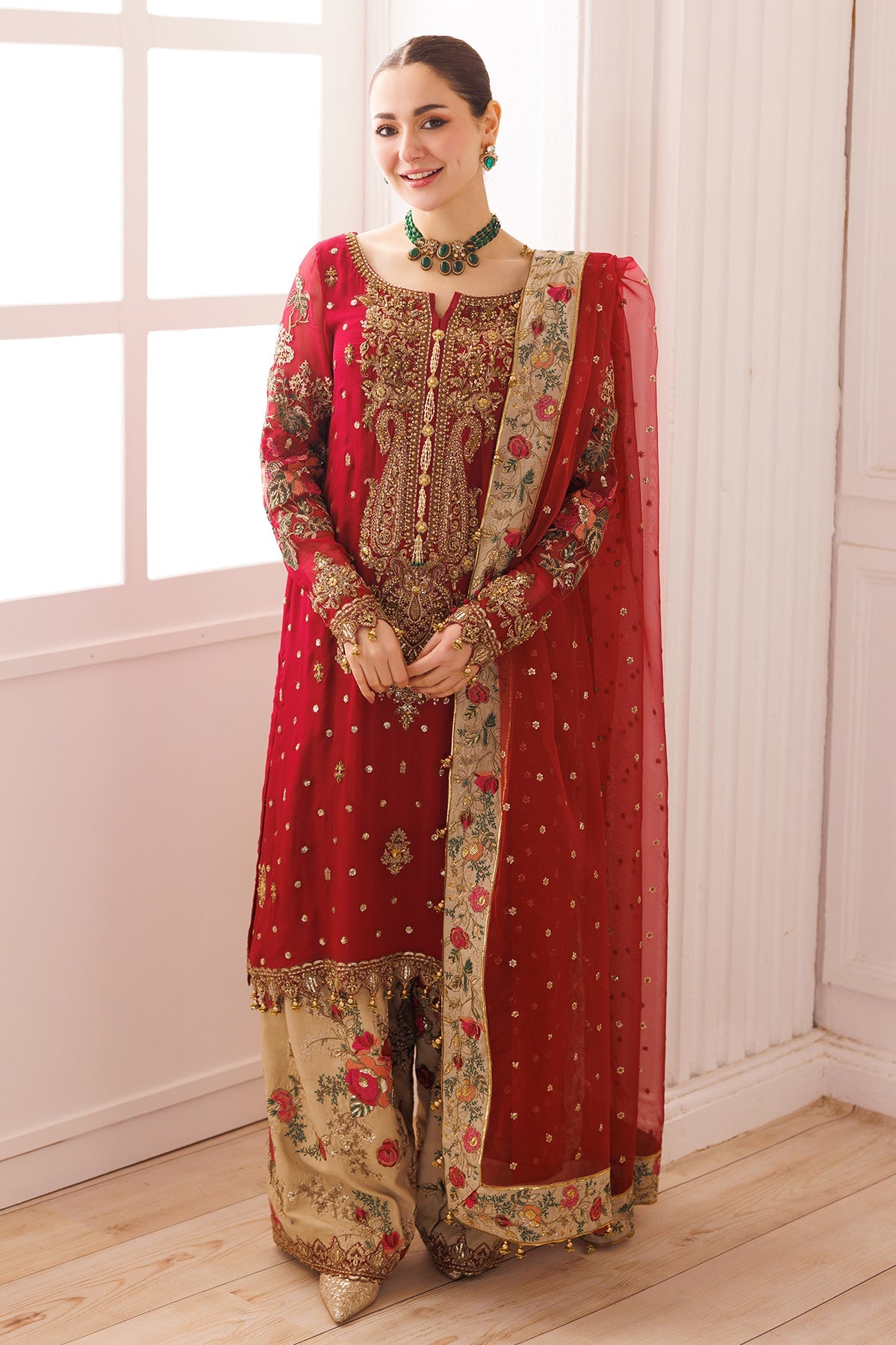 Red Chiffon Embroidered 3 Piece Unstitched Suit - Party Wear
