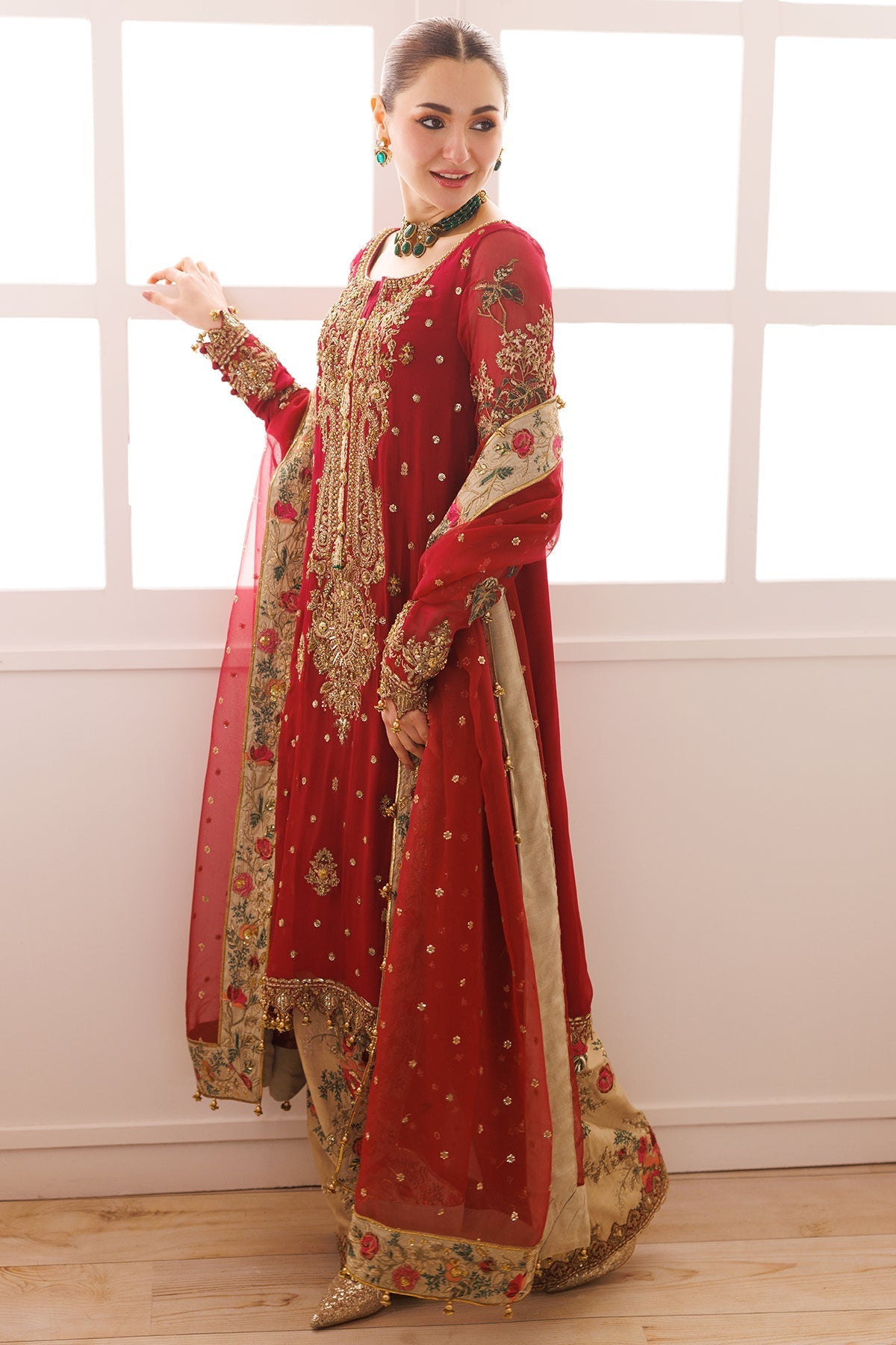Red Chiffon Embroidered 3 Piece Unstitched Suit - Party Wear