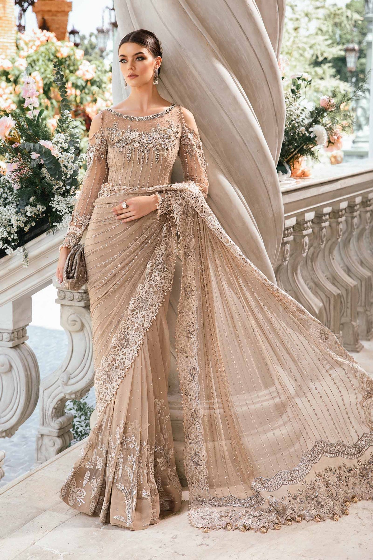 Luxury Unstitched Net Embroidered Saree Skin Beige -BD-2801- Party Wear