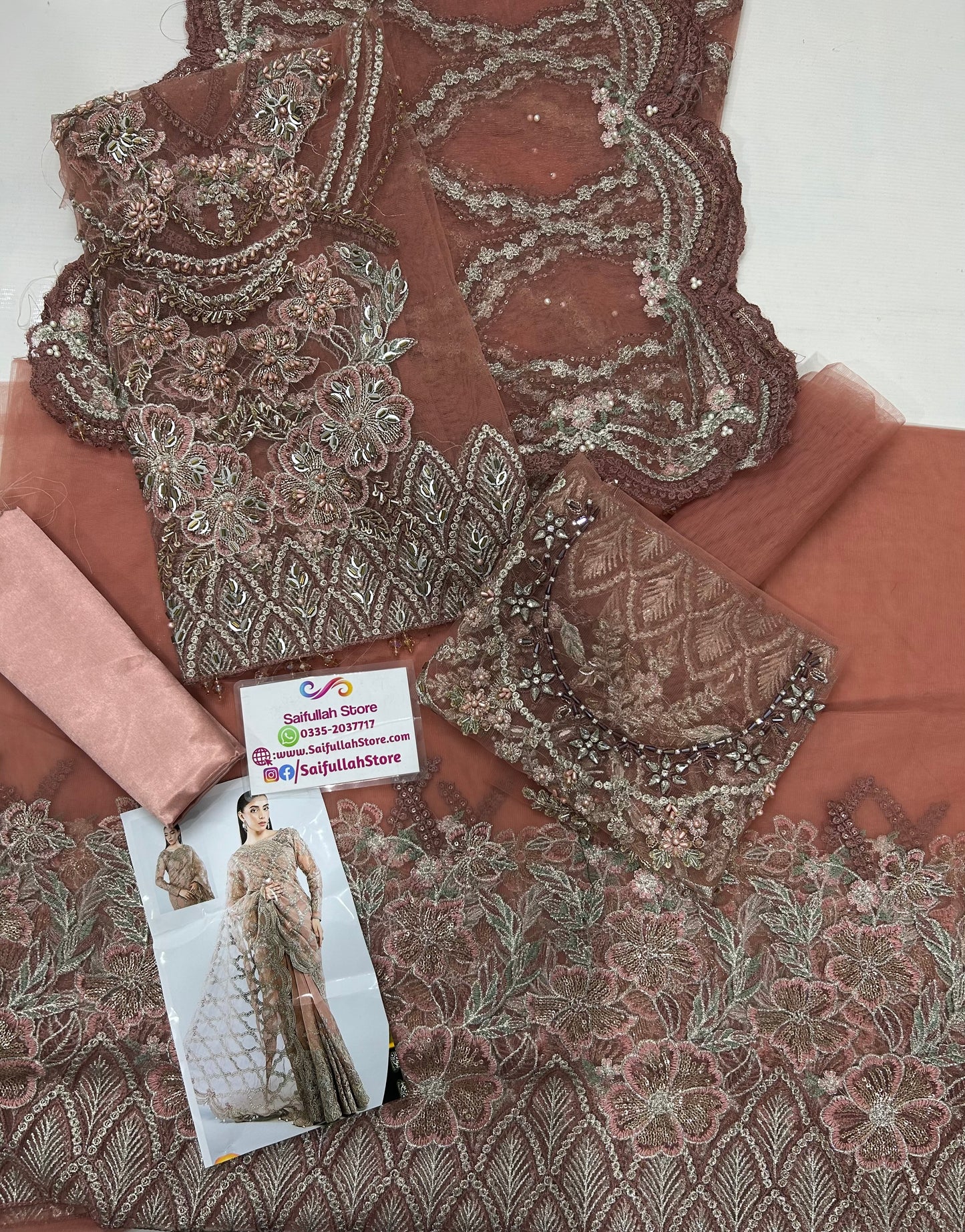 Luxury Net Embroidered Unstitched Saree Dusty Rose -Party Wear