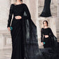 Black Embroidered Unstitched Soft Net Saree - Party Wear