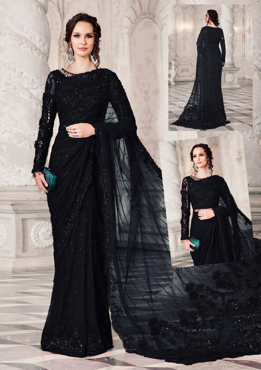 Black Embroidered Unstitched Soft Net Saree - Party Wear