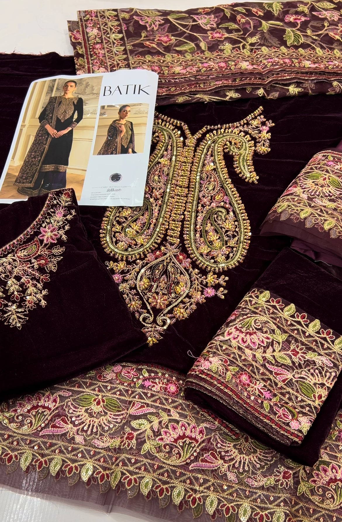 Mehroon Velvet Unstitched Embroidered Dress- Party Wear