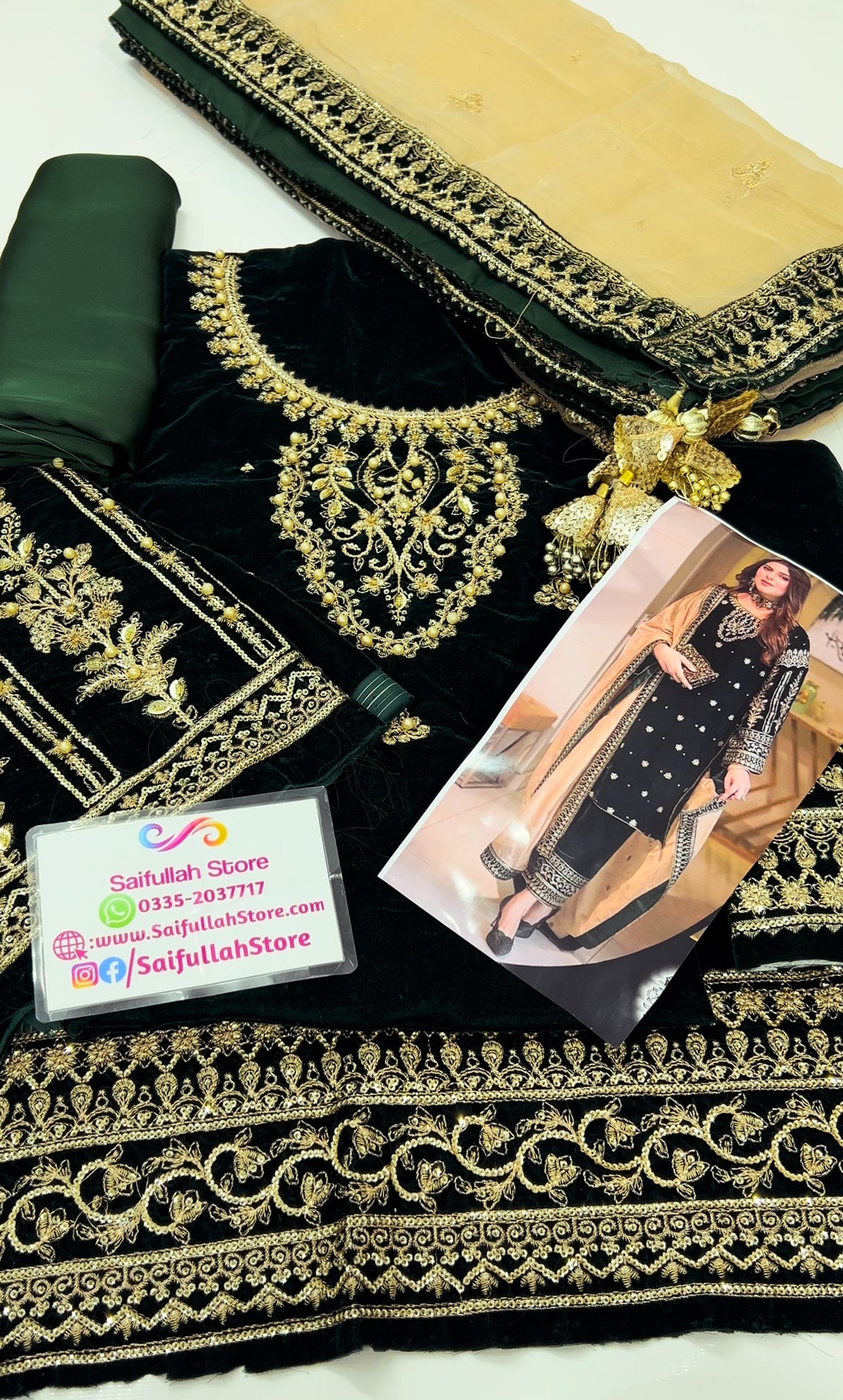 Green Velvet Unstitched Embroidered 3 Piece Suit ANL - Party Wear