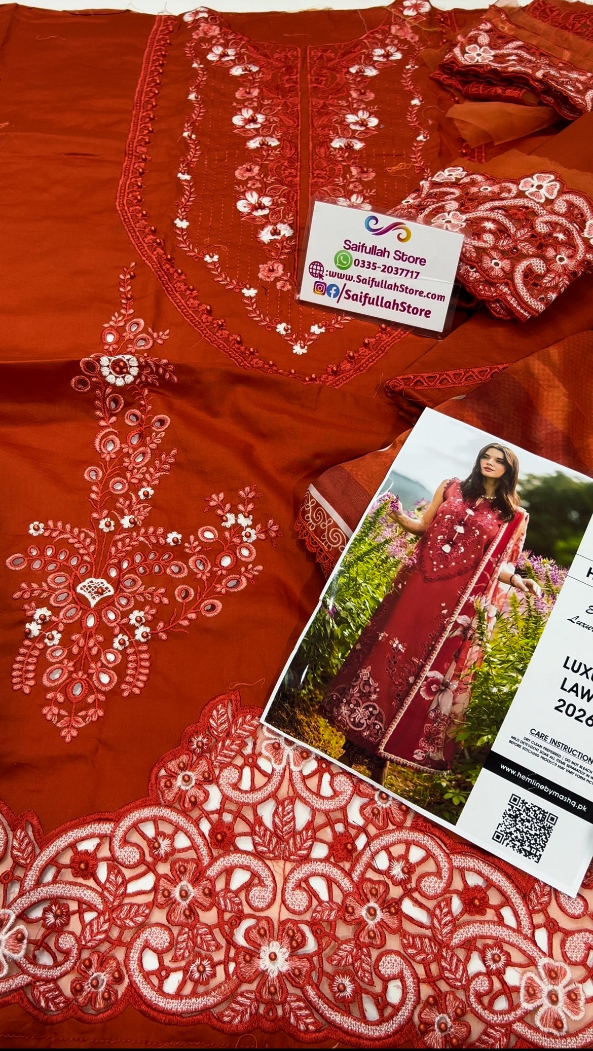 Luxury Chicken Kari Embroidered Lawn 3 piece Unstitched Dress-Hemline