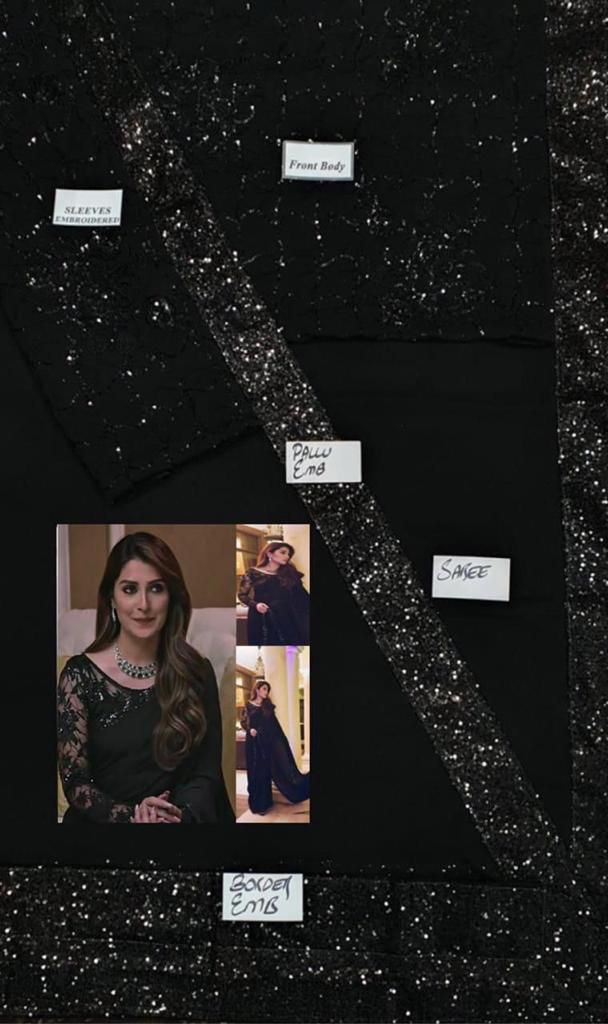 Black Embroidered Unstitched Chiffon Saree Ayeza Khan-Black-Party Wear