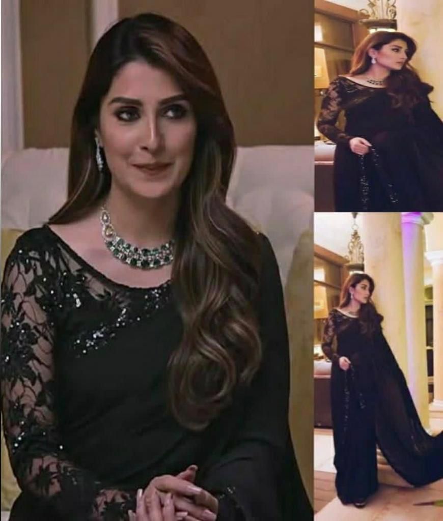 Black Embroidered Unstitched Chiffon Saree Ayeza Khan-Black-Party Wear