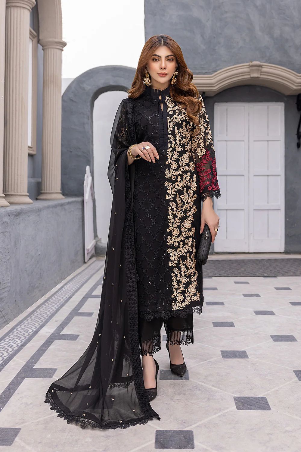 Black Chiffon Embroidered 3 Piece Unstitched Suit- Party Wear