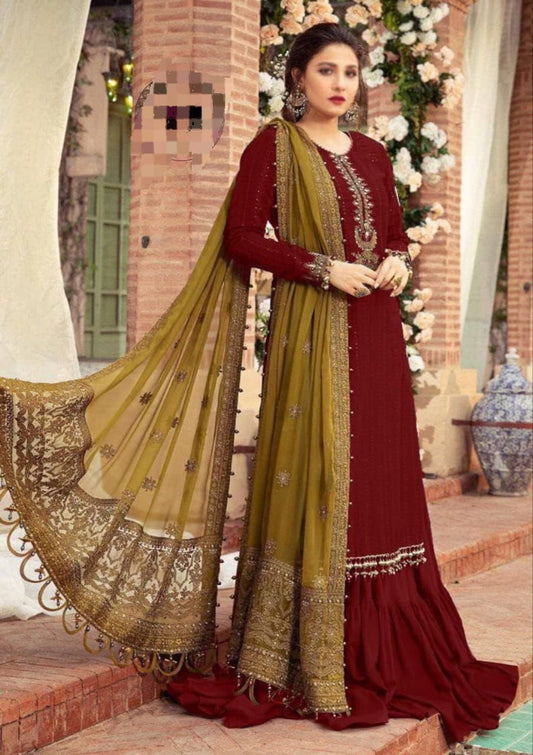 Mehroon Chiffon Heavy Embroidered Unstitched 3 Piece Suit - Party Wear