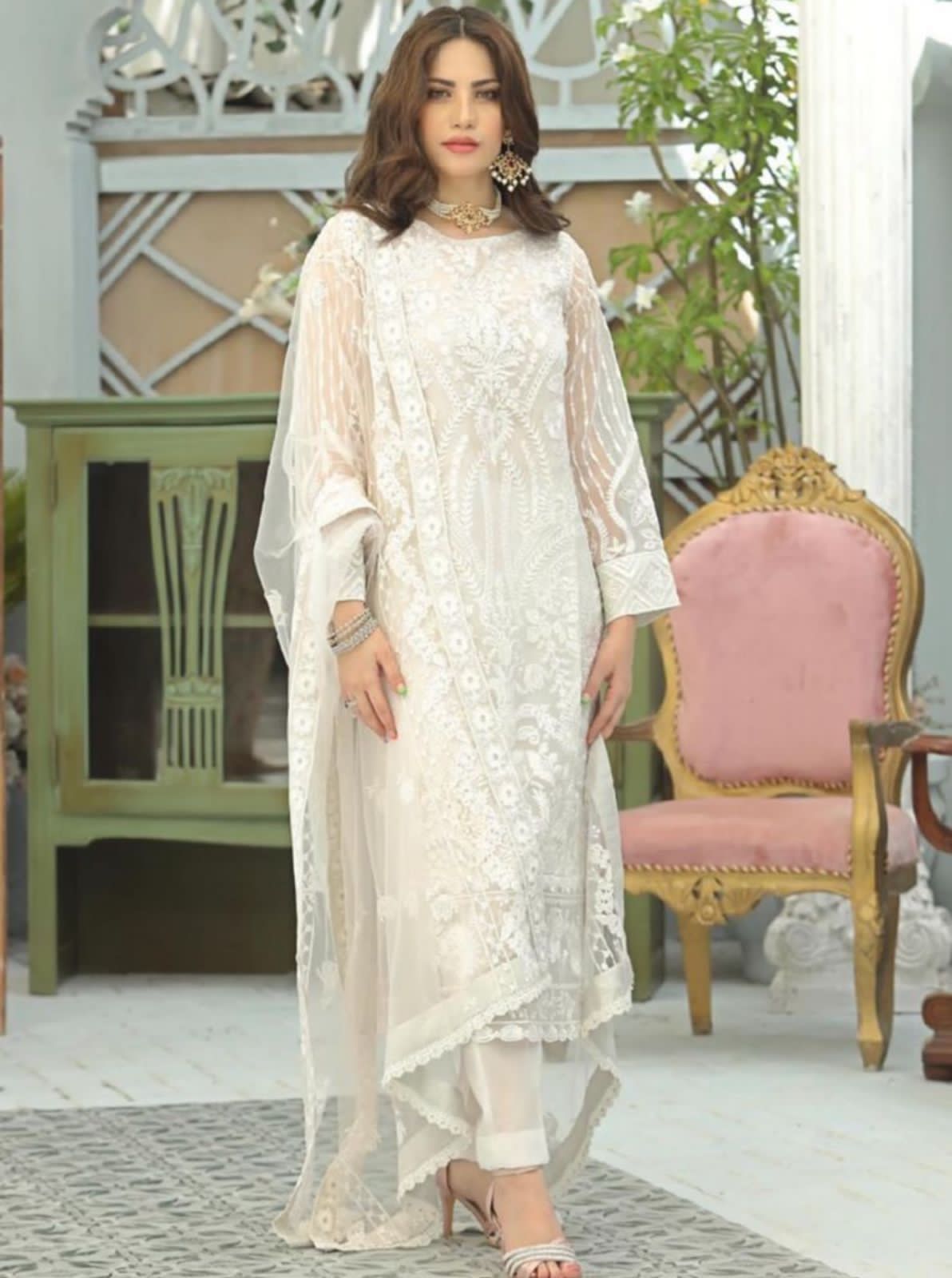 White Organza Heavy Embroidered 3 Piece Unstitched Suit -NM- Party Wear