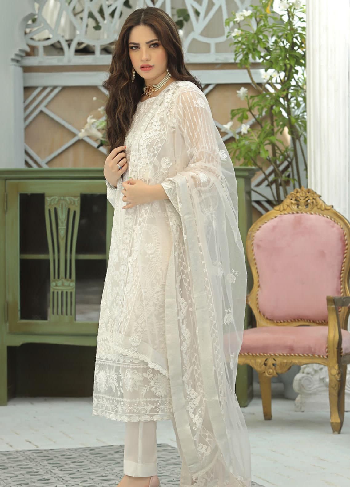 White Organza Heavy Embroidered 3 Piece Unstitched Suit -NM- Party Wear