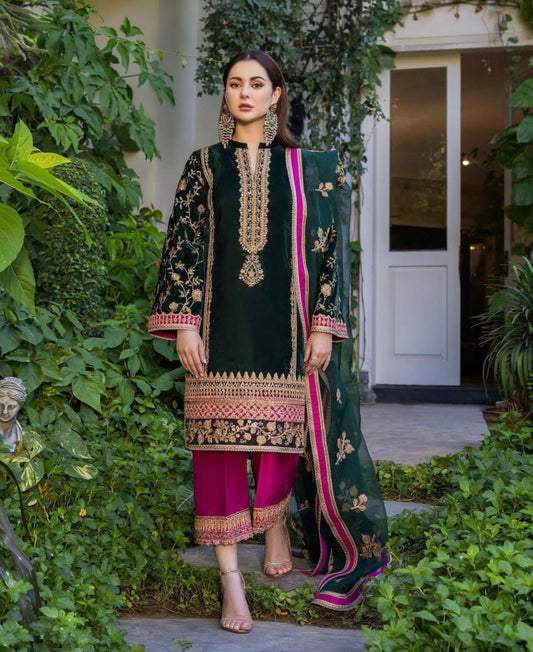 Green Velvet Embroidered Unstitched 3 Piece Suit ZCV-D02-22 Party Wear