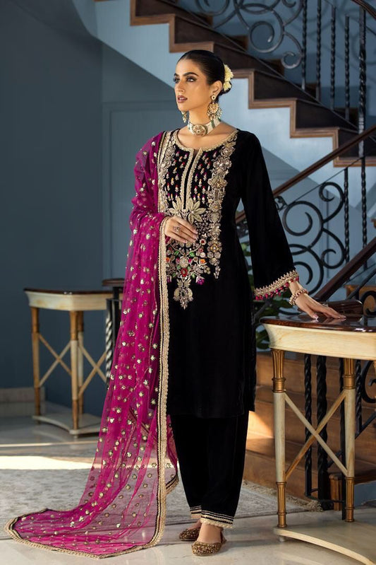 Velvet Embroidered Unstitched 3 Piece Suit KBV-P-223-BLACK-Party Wear