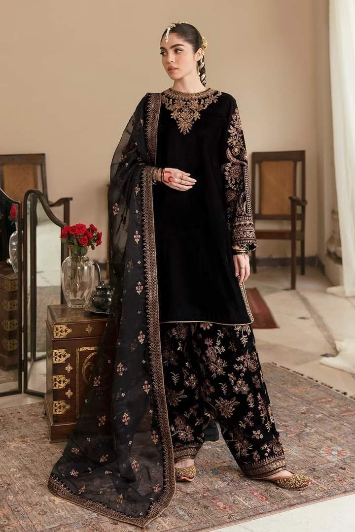 Velvet Embroidered Unstitched 3 Piece Suit -Jasmin-BLACK-Party Wear