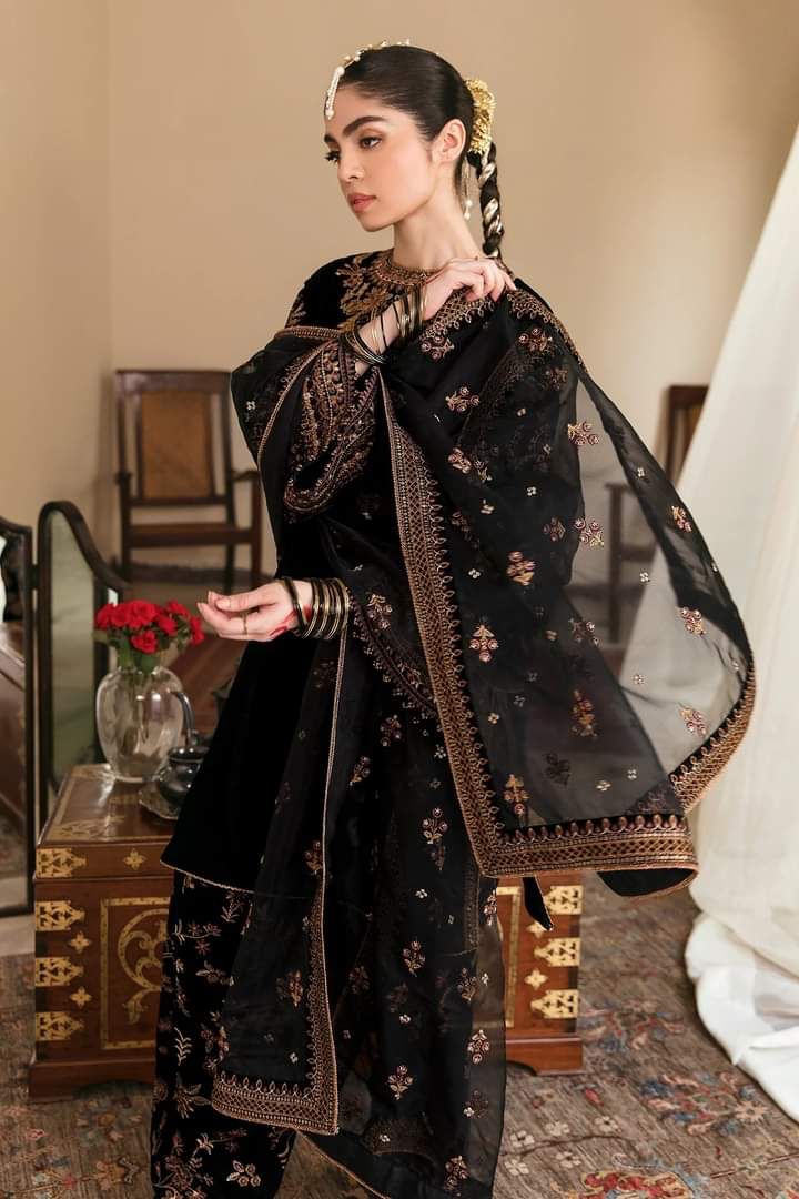 Velvet Embroidered Unstitched 3 Piece Suit -Jasmin-BLACK-Party Wear