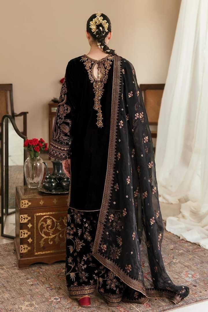 Velvet Embroidered Unstitched 3 Piece Suit -Jasmin-BLACK-Party Wear