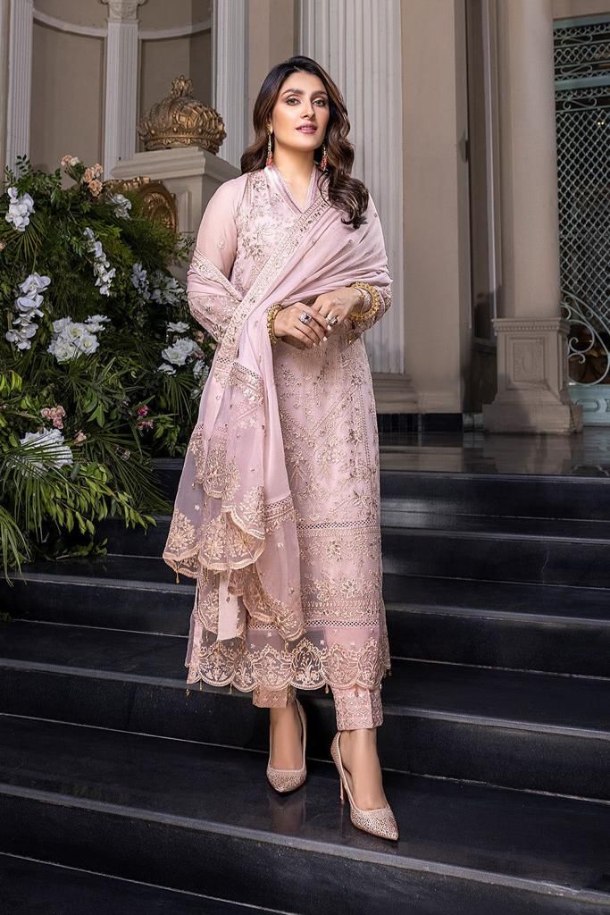 Chiffon Heavy Embroidered Unstitched 3 Piece Suit -AK-Pink-Party Wear