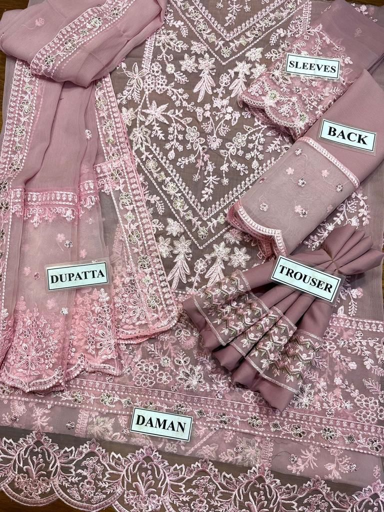 Chiffon Heavy Embroidered Unstitched 3 Piece Suit -AK-Pink-Party Wear