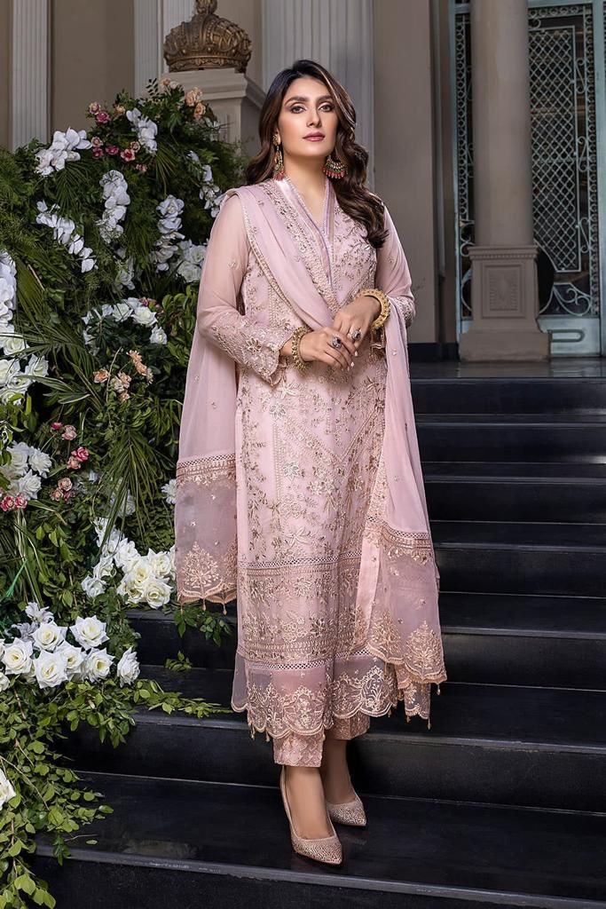 Chiffon Heavy Embroidered Unstitched 3 Piece Suit -AK-Pink-Party Wear