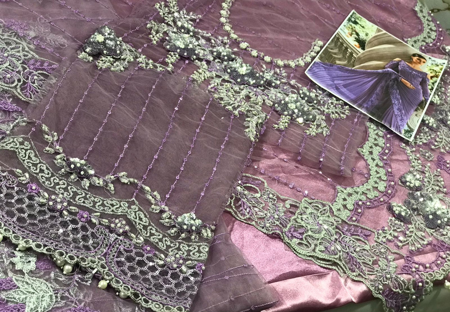 Luxury Unstitched Net Embroidered Saree Purple -BD-2801- Party Wear