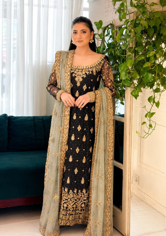 Bridal HandWork Black Chiffon Embroidered 3 Piece Unstitched Dress - Party Wear
