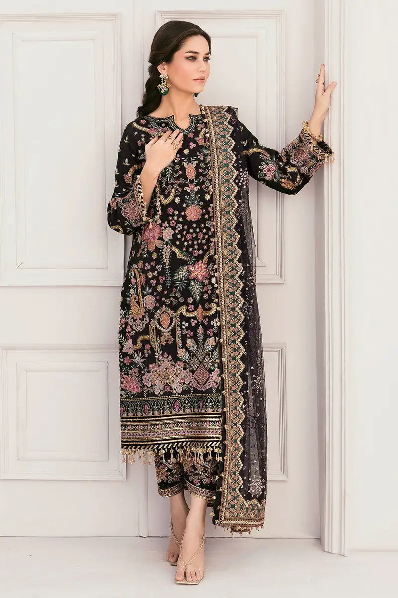 Luxury Net Embroidered 3 piece Unstitched Dress MB -Black - Party Wear