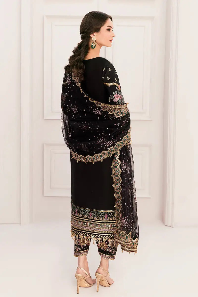 Luxury Net Embroidered 3 piece Unstitched Dress MB -Black - Party Wear