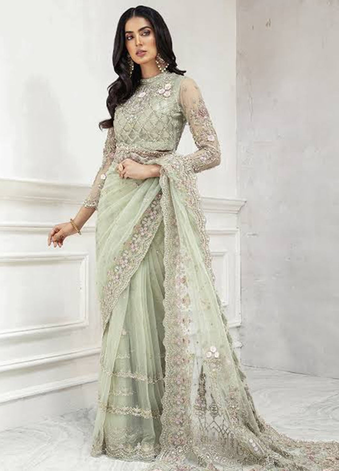 Mint Green Embroidered Unstitched 3 Piece Net Saree MBC-MC-024-Party Wear