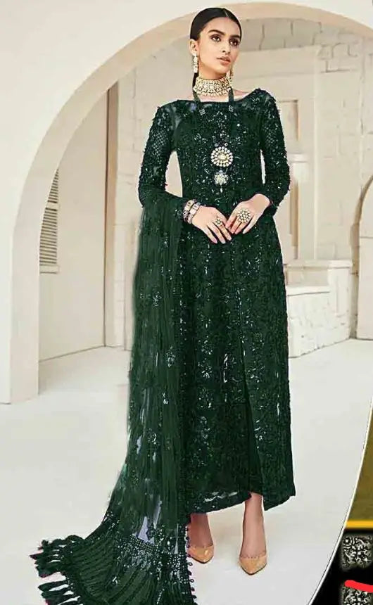 Net Embroidered Unstitched 3 Piece Suit - MH Green-Party Wear