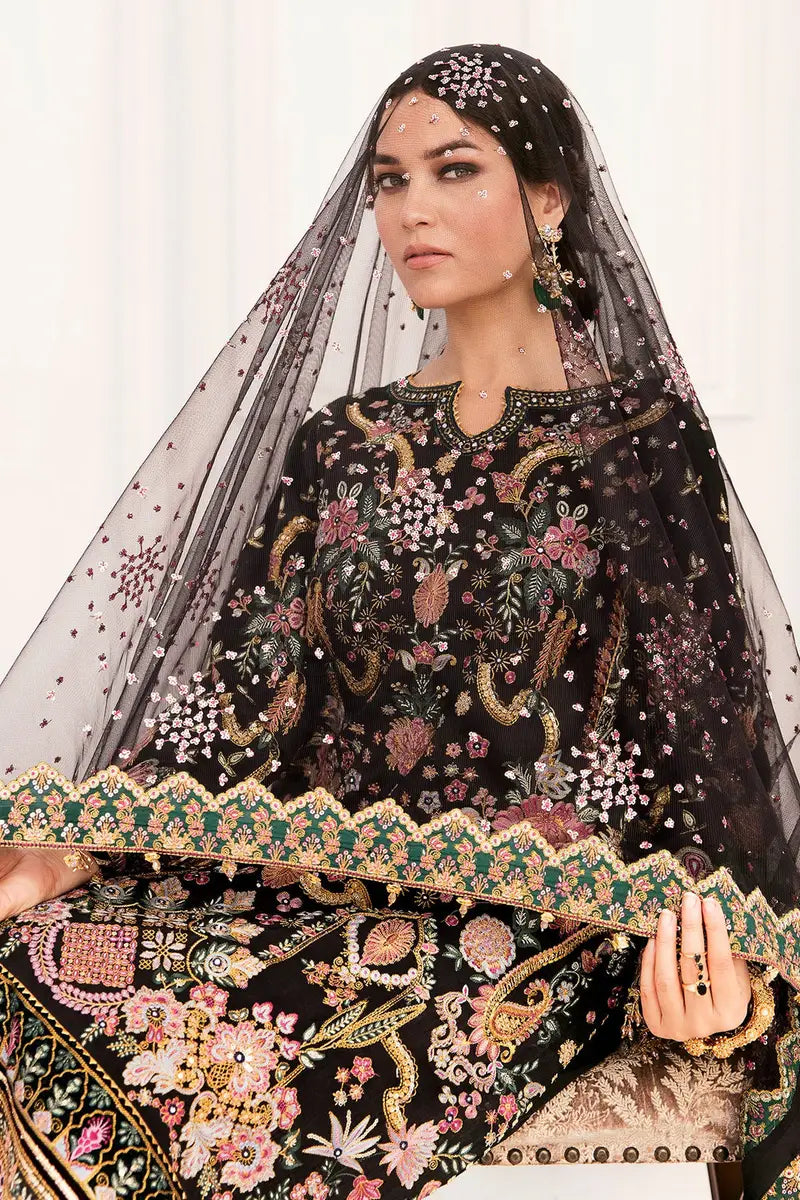 Luxury Net Embroidered 3 piece Unstitched Dress MB -Black - Party Wear
