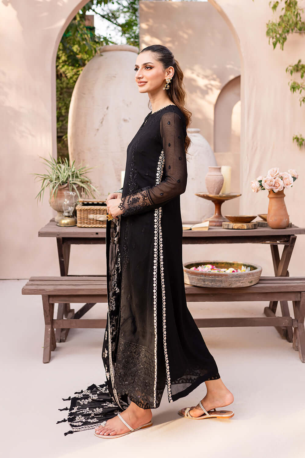 Black Chiffon 3 Piece Unstitched Suit-Party Wear