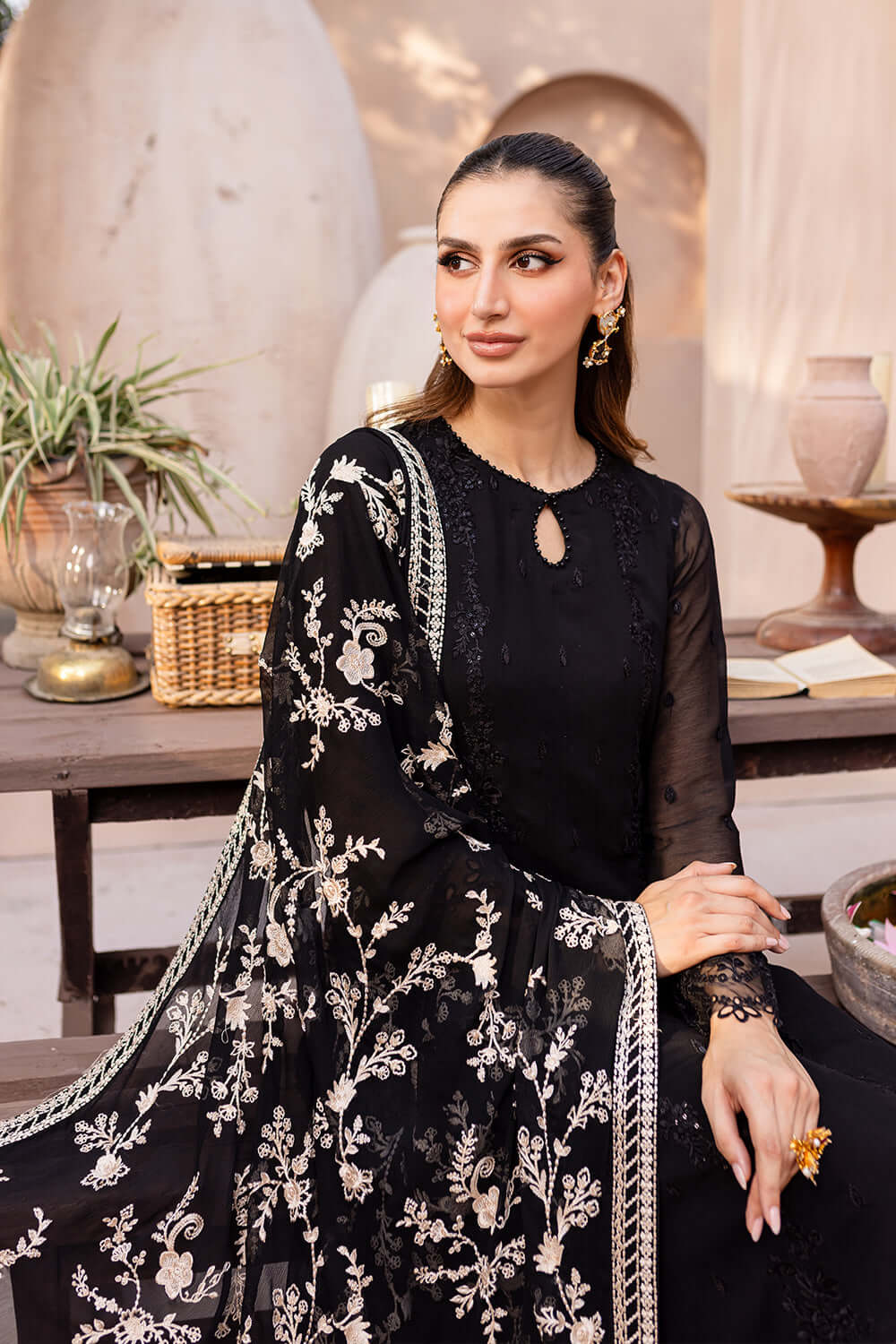 Black Chiffon 3 Piece Unstitched Suit-Party Wear