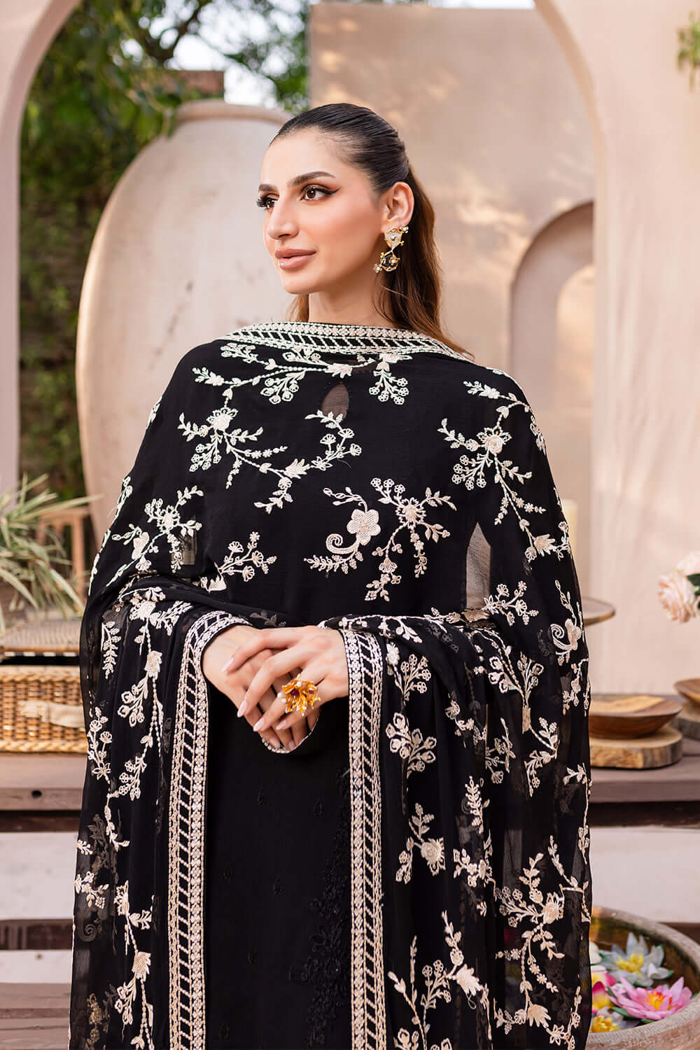 Black Chiffon 3 Piece Unstitched Suit-Party Wear
