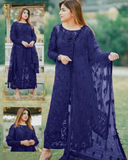 Net Embroidered Unstitched 3 Piece Suit - MH Blue-Party Wear