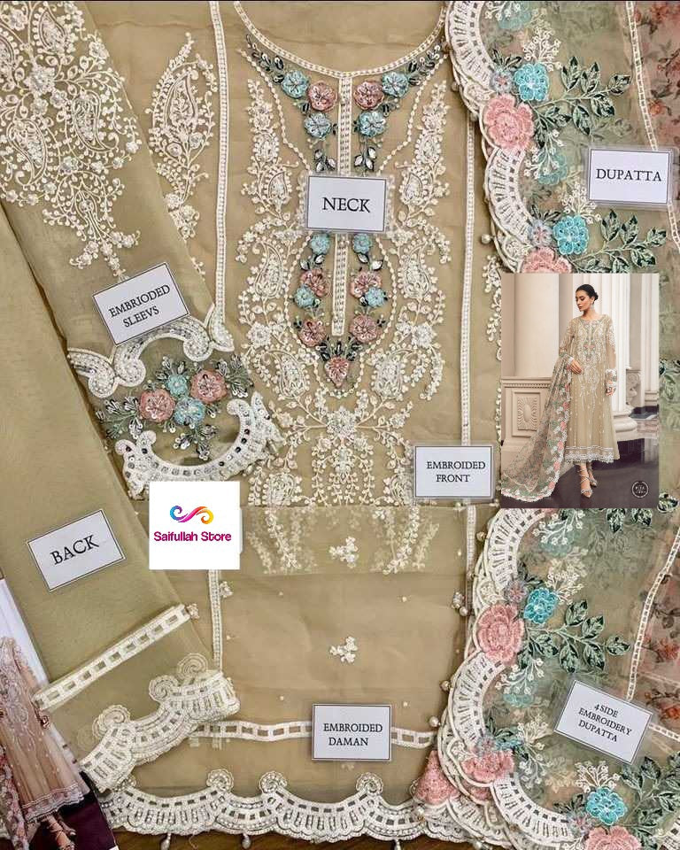 3D & Handwork Heavy Embroidered Chiffon 4 Piece Unstitched Dress