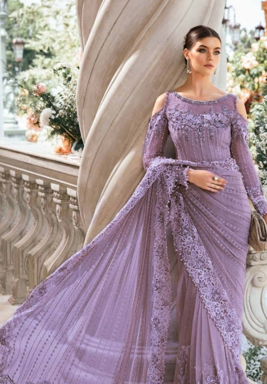 Luxury Unstitched Net Embroidered Saree Purple -BD-2801- Party Wear