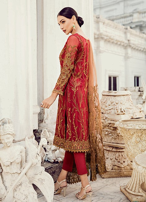 Mehroon Chiffon Embroidered 3 Piece Unstitched Suit With Heavy Net Embroidery Dupatta - Party Wear